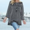 Women * | Ananda'S Collection | Gray & Dark Green Floral Embroidered Button-Up Tunic Plus