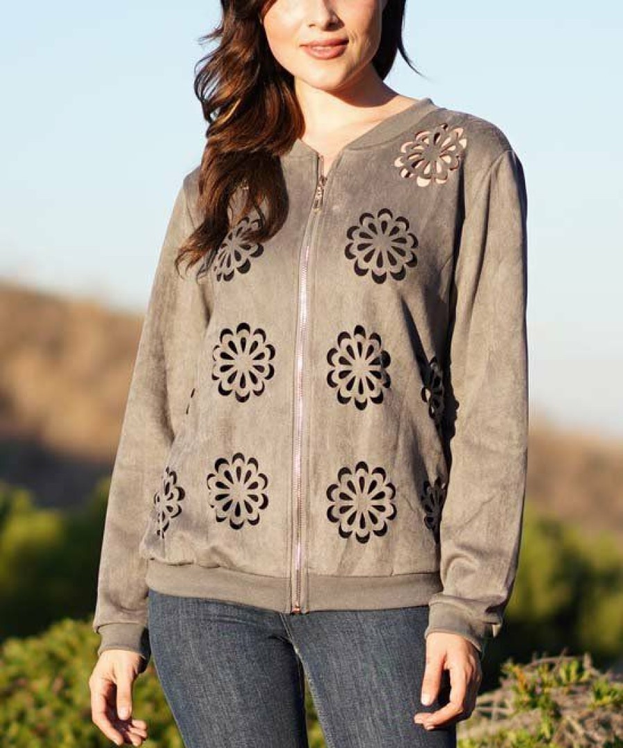 Women * | Ananda'S Collection | Gray Floral Cutout Jacket Women