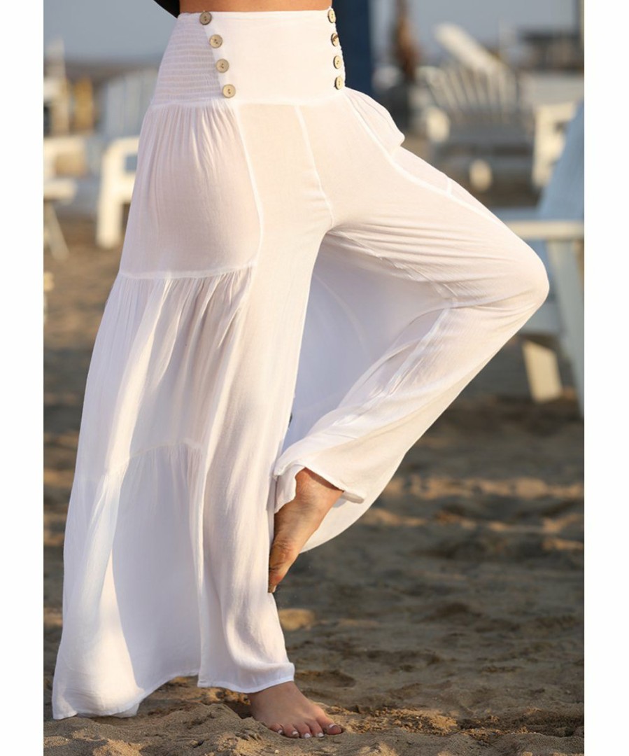 Women * | Ananda'S Collection | White Button-Accent Tiered Sheer Palazzo Pants Women