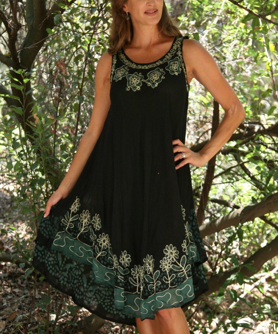 Women * | Ananda'S Collection | Black & Green Floral Embroidered Shift Dress Women