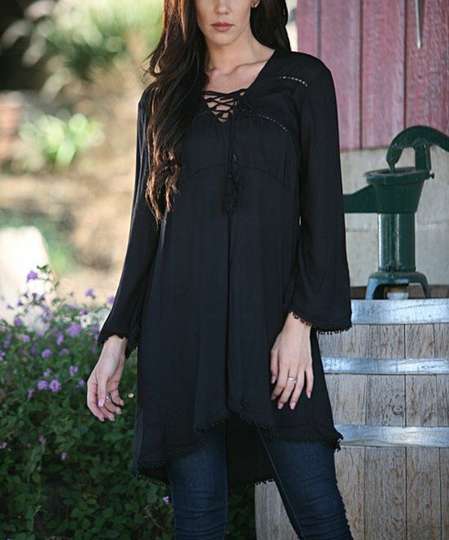 Women * | Ananda'S Collection | Black Lace-Up Tunic Women