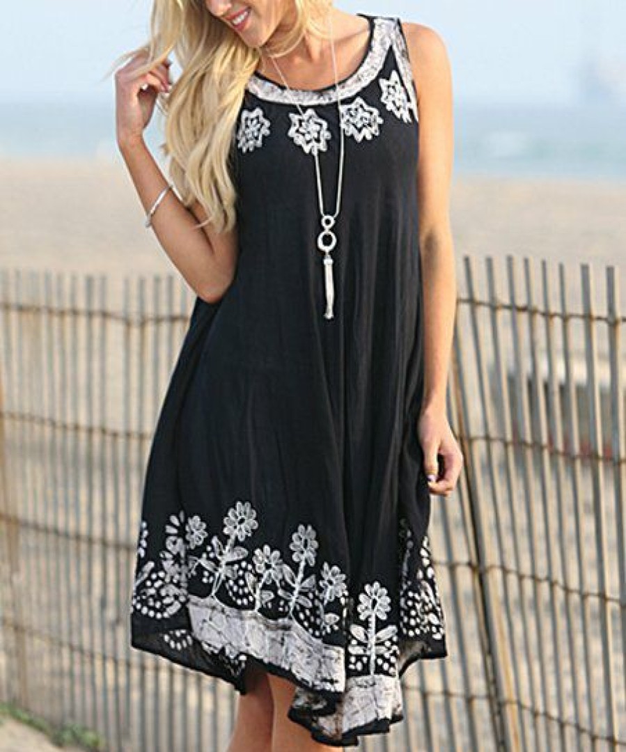 Women * | Ananda'S Collection | Black & Silver Floral Embroidered Sleeveless Shift Dress Women