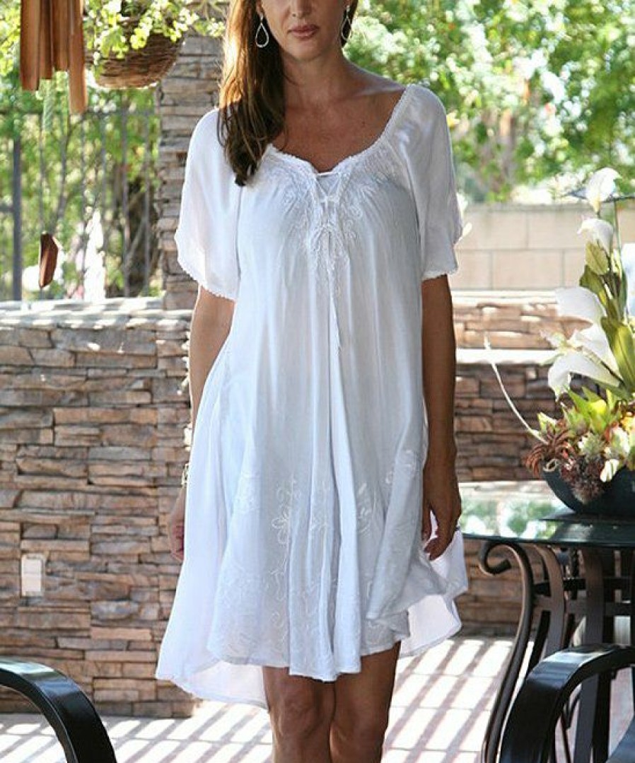 Women * | Ananda'S Collection | White Embroidered Lace-Up Scoop Neck Cover-Up Women