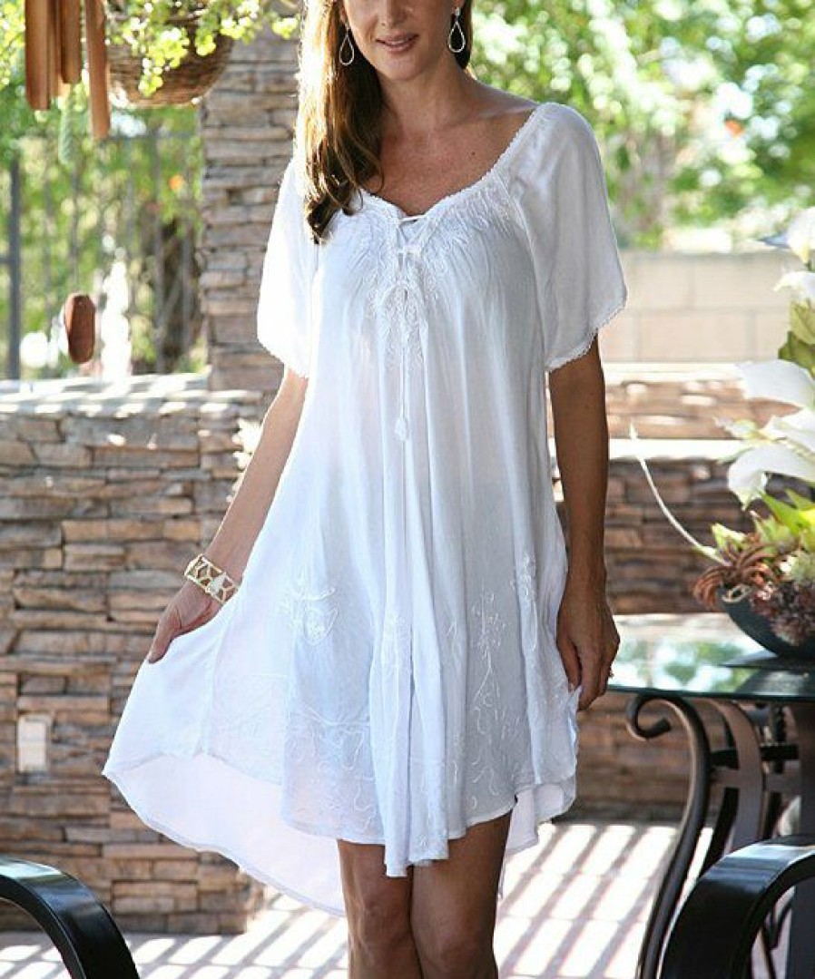 Women * | Ananda'S Collection | White Embroidered Lace-Up Scoop Neck Cover-Up Women