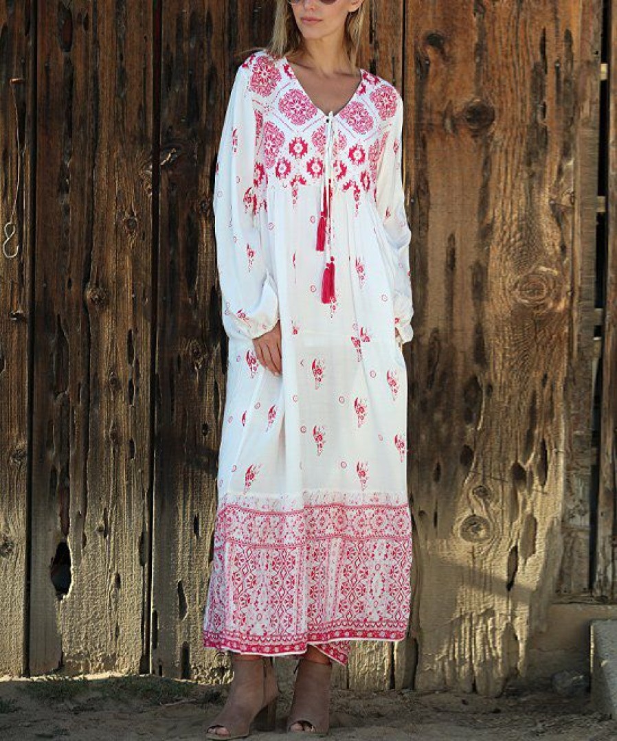 Women * | Ananda'S Collection | White & Red Scarf Print Tassel-Tie Semi-Sheer Peasant Dress Women