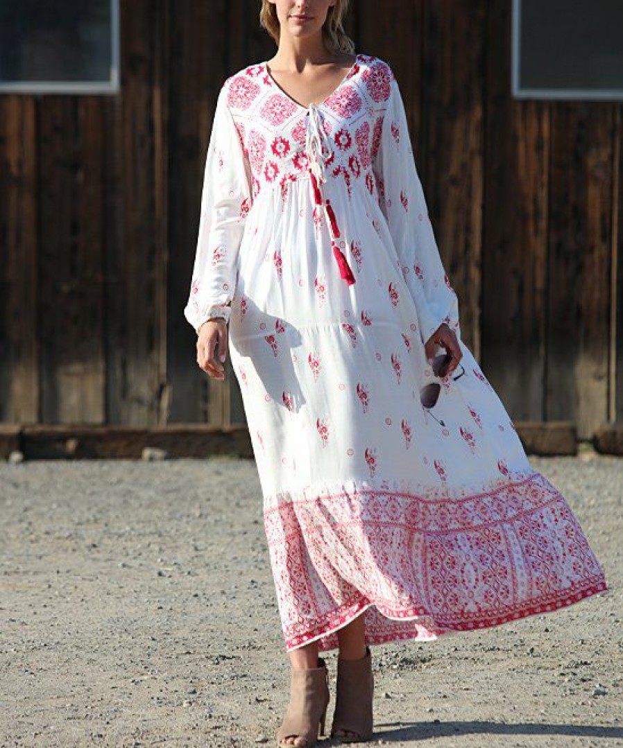 Women * | Ananda'S Collection | White & Red Scarf Print Tassel-Tie Semi-Sheer Peasant Dress Women