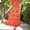 Women * | Ananda'S Collection | Rust Floral Embroidered Smocked A-Line Dress Women