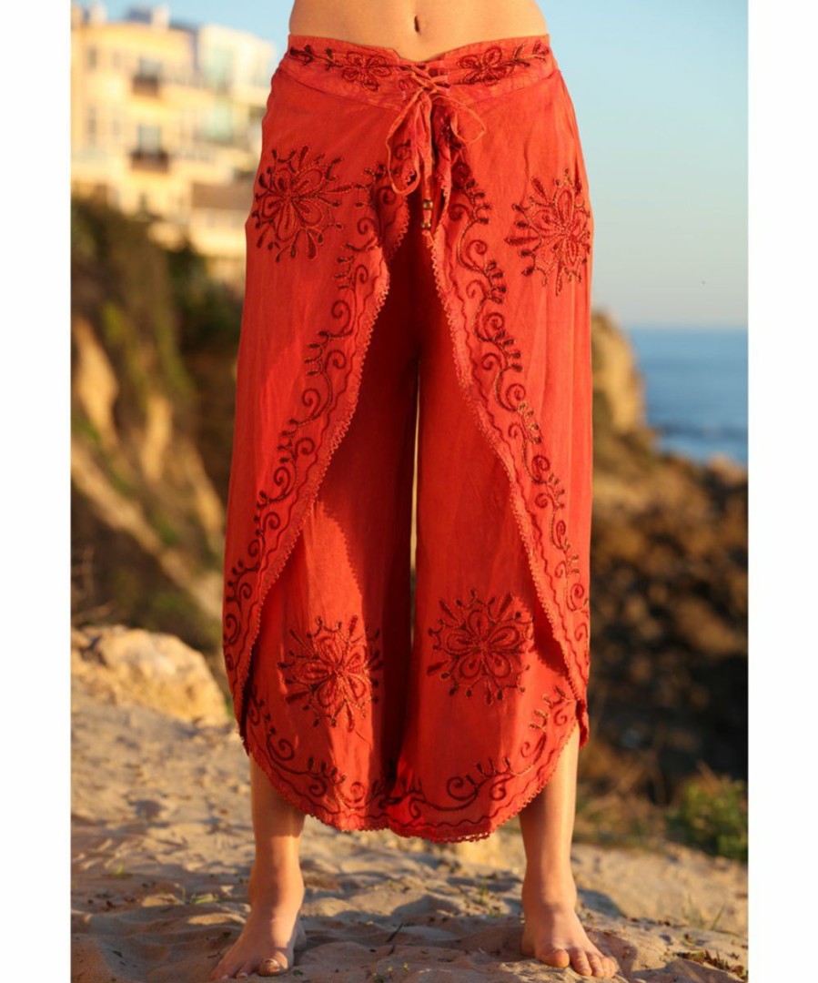 Women * | Ananda'S Collection | Rust Embroidered Tulip-Hem Crop Pants Women