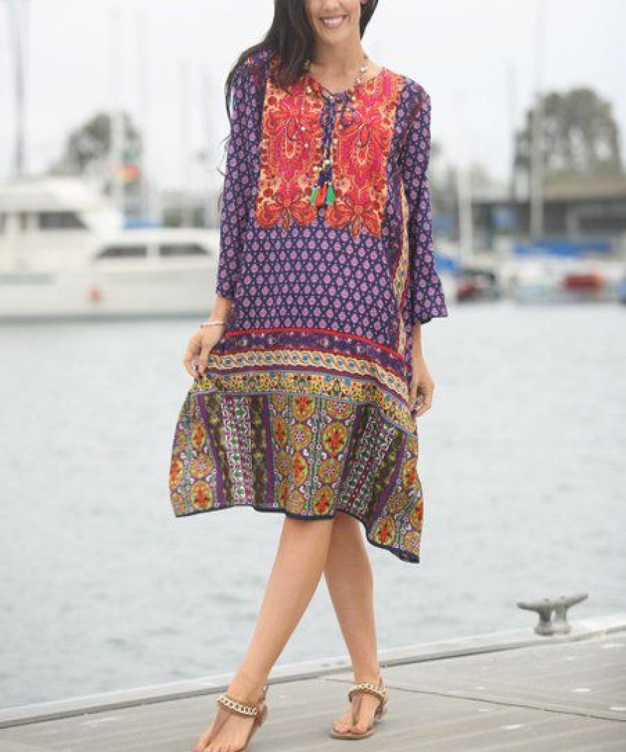 Women * | Ananda'S Collection | Blue & Red Patchwork Long-Sleeve Shift Dress Women