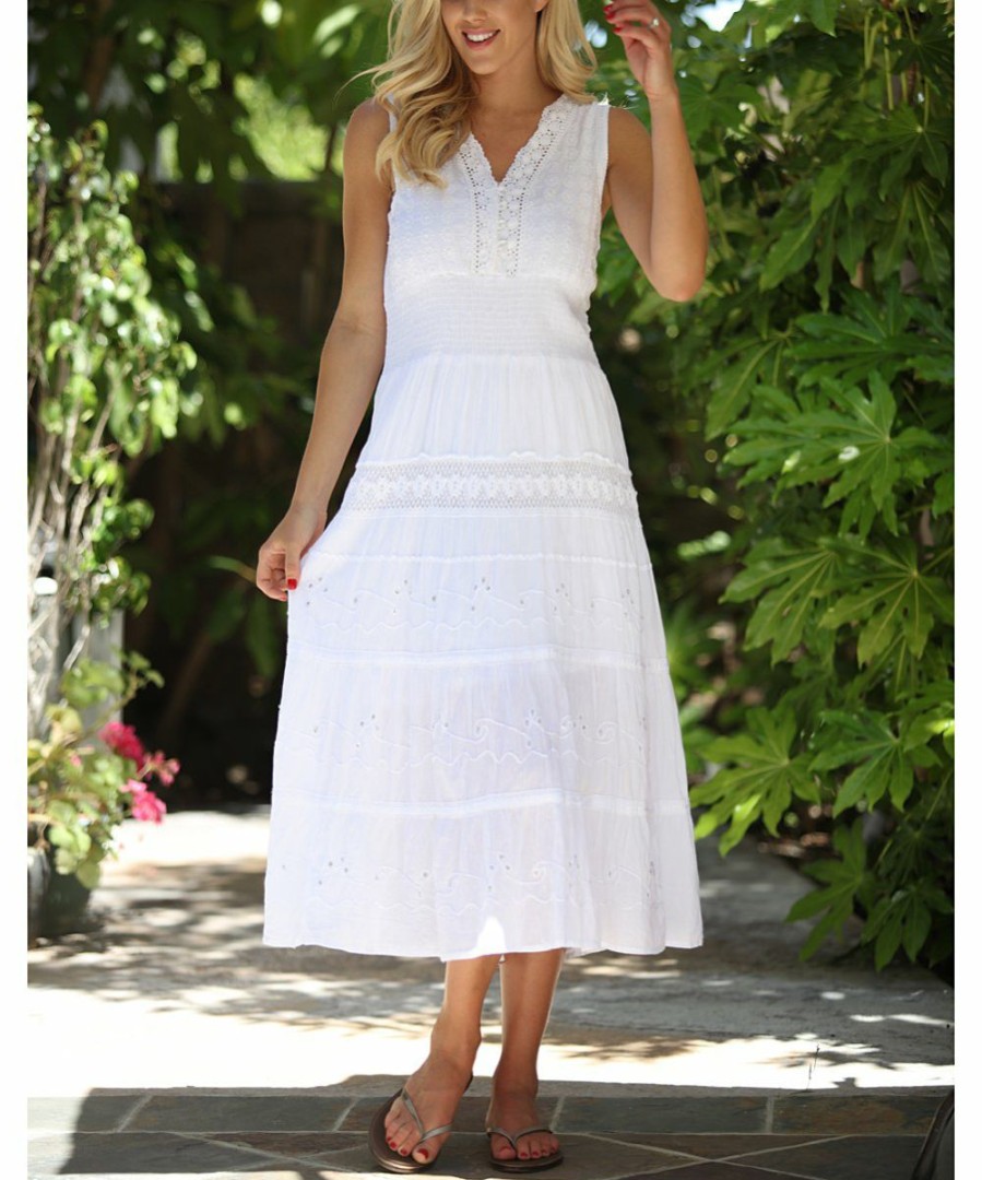 Women * | Ananda'S Collection | White Embroidered Tiered V-Neck Sleeveless Maxi Dress Women