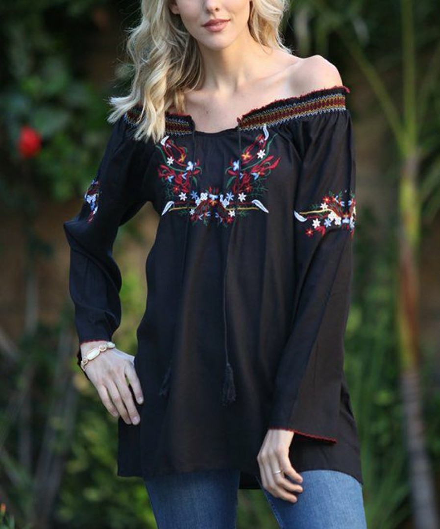 Womens Plus * | Ananda'S Collection | Black Floral Embroidered Long-Sleeve Tunic Women & Plus