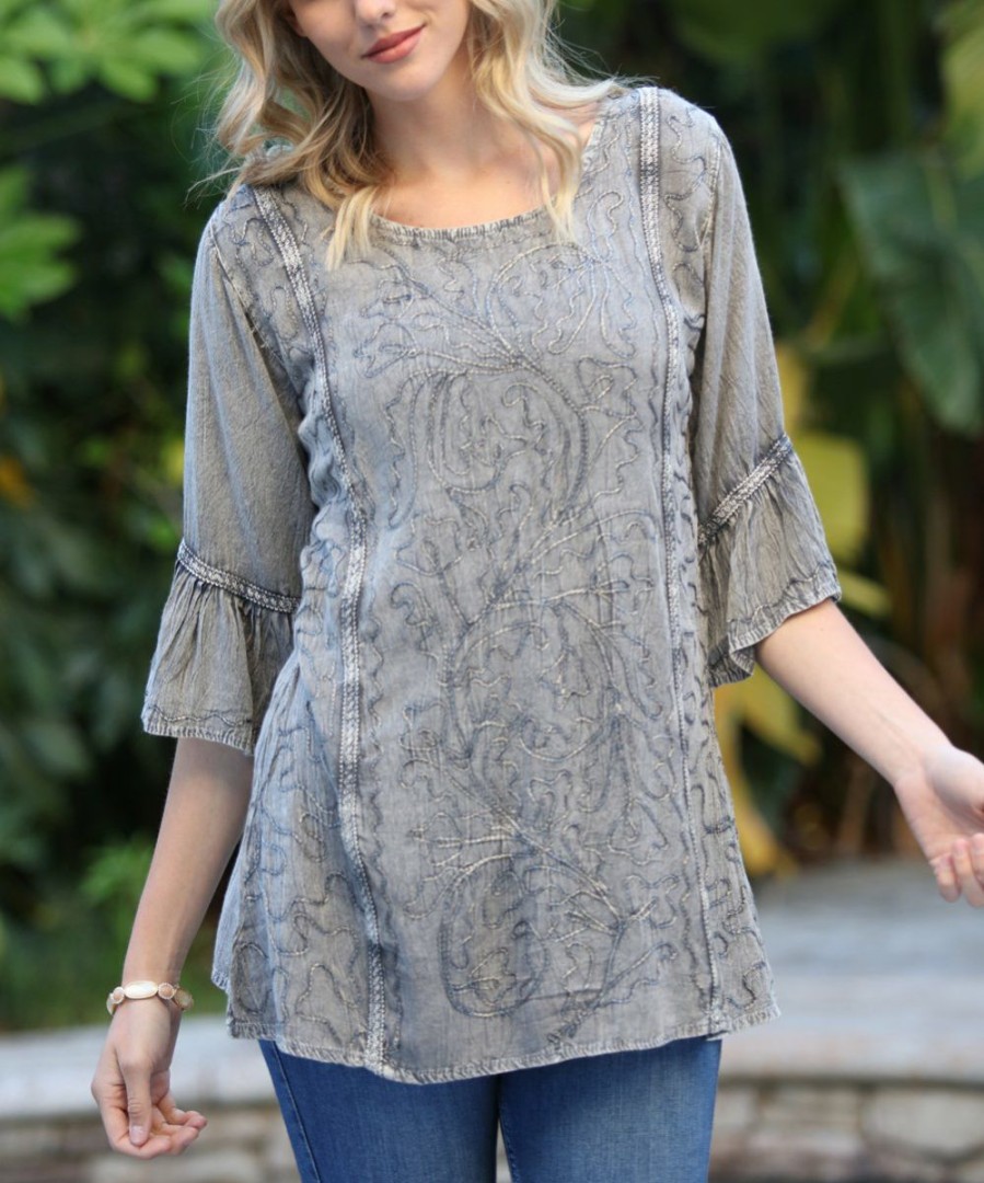 Women * | Ananda'S Collection | Gray Embroidered Three-Quarter Sleeve Tunic Women