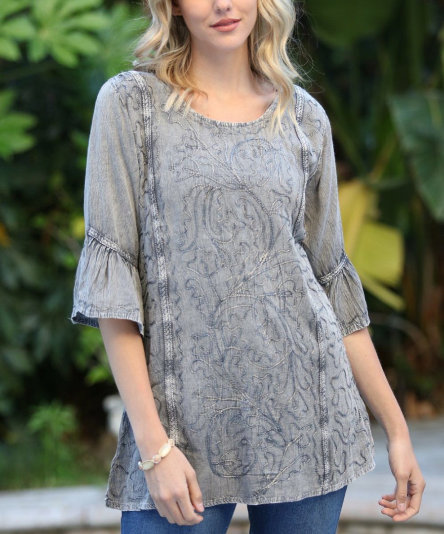 Women * | Ananda'S Collection | Gray Embroidered Three-Quarter Sleeve Tunic Women