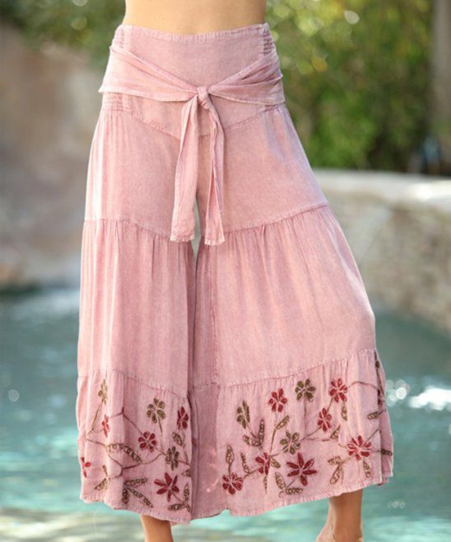 Women * | Ananda'S Collection | Pink Embroidered Floral Tiered Palazzo Pants Women