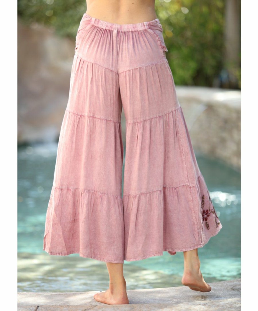 Women * | Ananda'S Collection | Pink Embroidered Floral Tiered Palazzo Pants Women