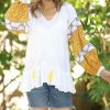 Women * | Ananda'S Collection | White & Yellow Abstract Peasant Top Women