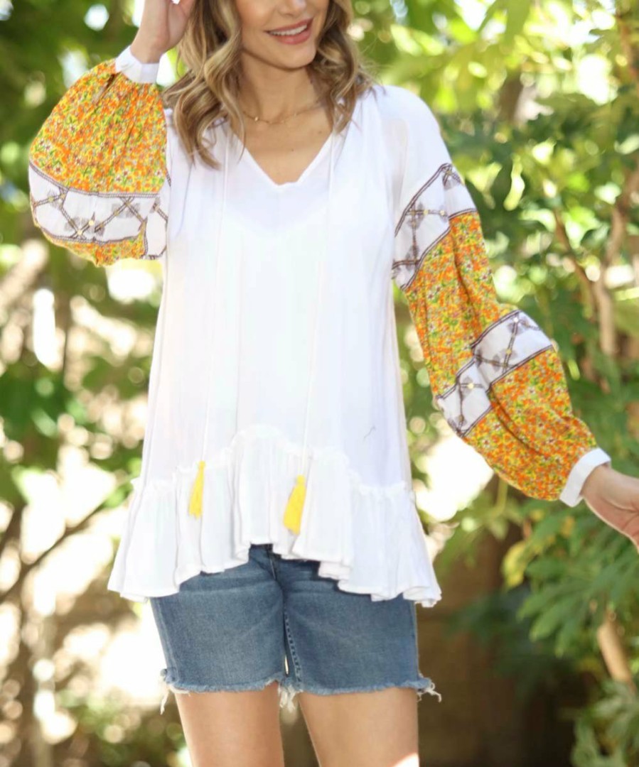 Women * | Ananda'S Collection | White & Yellow Abstract Peasant Top Women