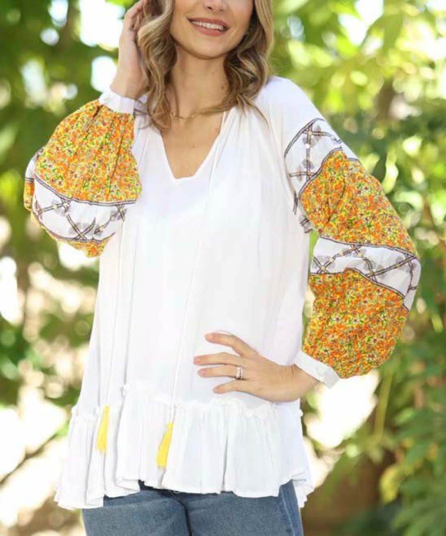 Women * | Ananda'S Collection | White & Yellow Abstract Peasant Top Women