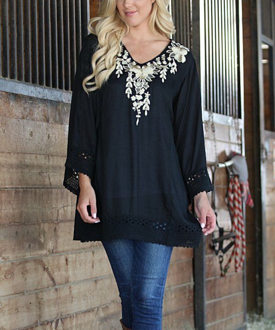 Women * | Ananda'S Collection | Black & Gold Embroidery Bell-Sleeve Semi-Sheer V-Neck Tunic Women & Plus