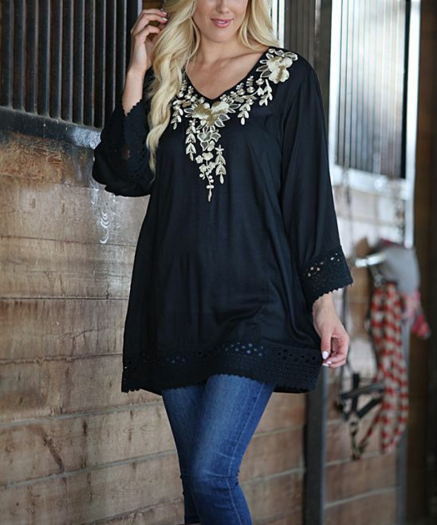 Women * | Ananda'S Collection | Black & Gold Embroidery Bell-Sleeve Semi-Sheer V-Neck Tunic Women & Plus