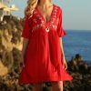 Women * | Ananda'S Collection | Red Embroidered V-Neck Empire-Waist Dress Women