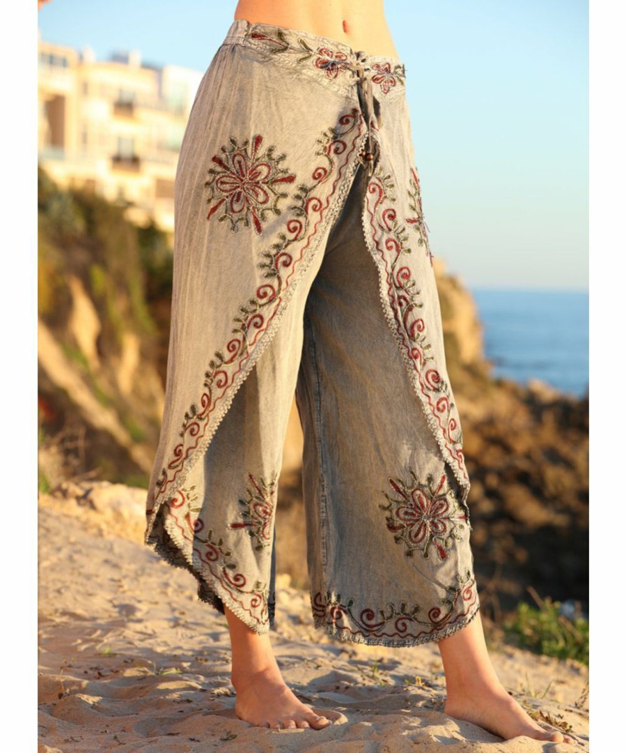 Women * | Ananda'S Collection | Gray Embroidered Tulip-Hem Crop Pants Women