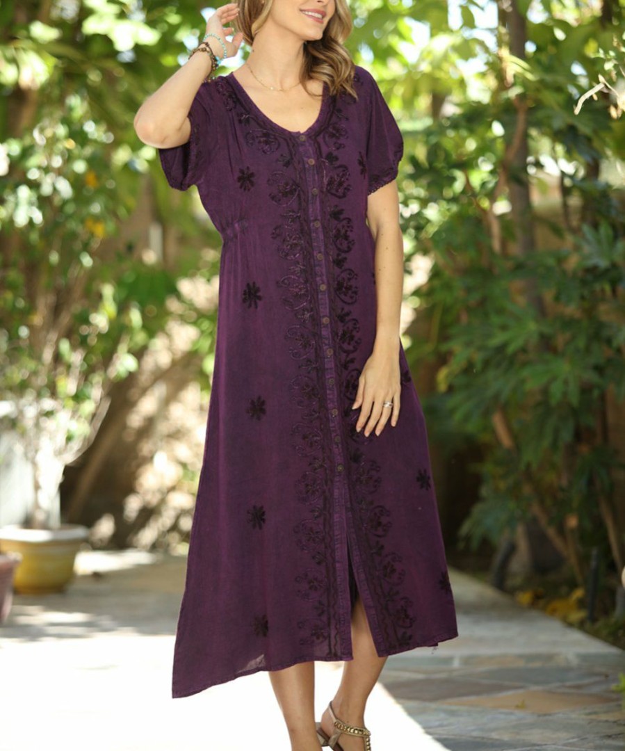 Women * | Ananda'S Collection | Purple Floral Embroidered Bell-Sleeve Shift Dress Women