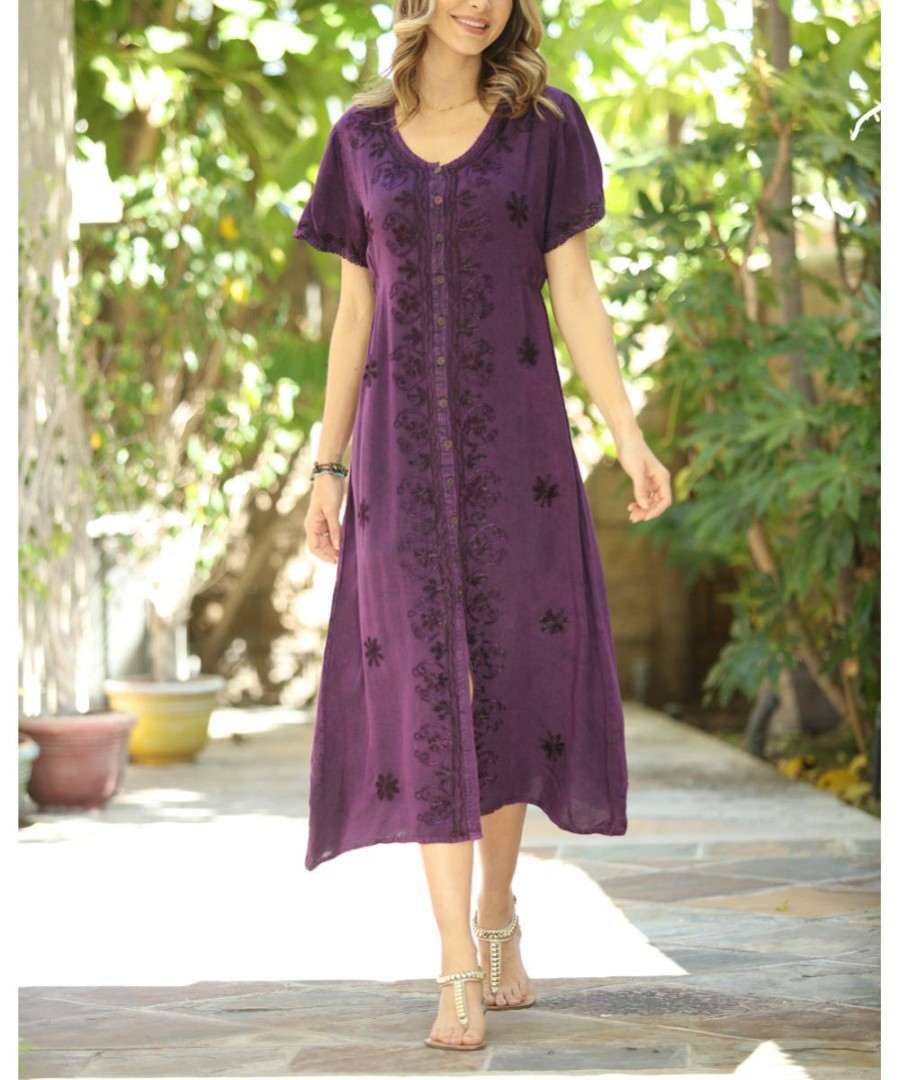 Women * | Ananda'S Collection | Purple Floral Embroidered Bell-Sleeve Shift Dress Women