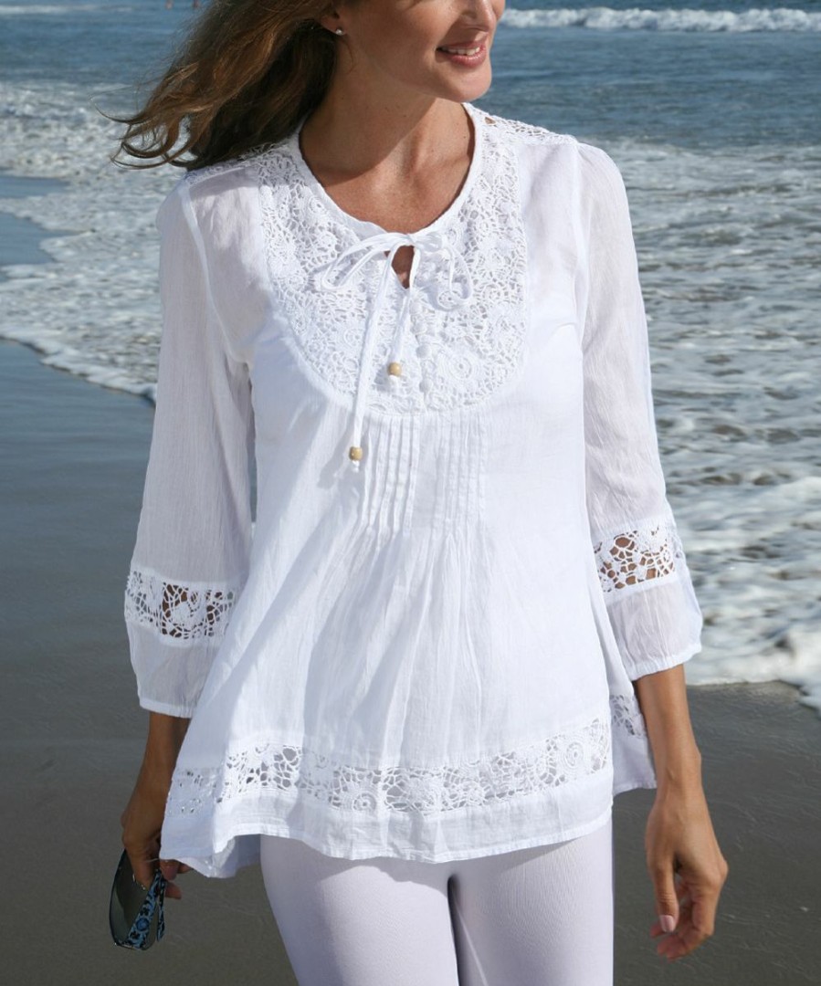 Women * | Ananda'S Collection | White Lace Long-Sleeve Tunic Women