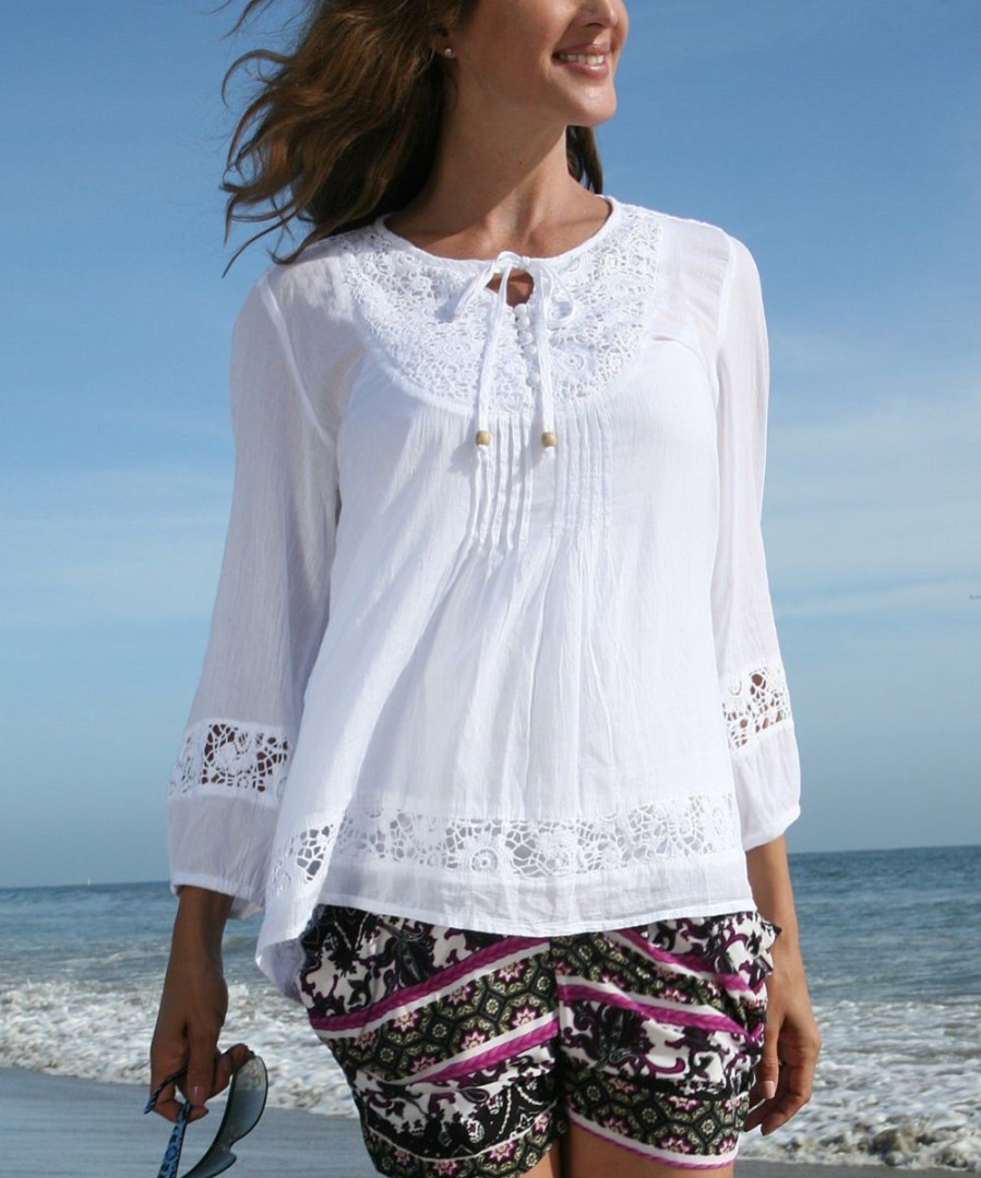 Women * | Ananda'S Collection | White Lace Long-Sleeve Tunic Women