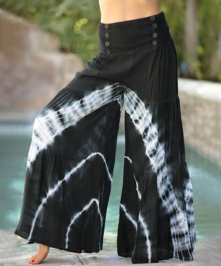 Women * | Ananda'S Collection | Black-Green Abstract Button-Accent Wide-Leg Palazzo Pants Women