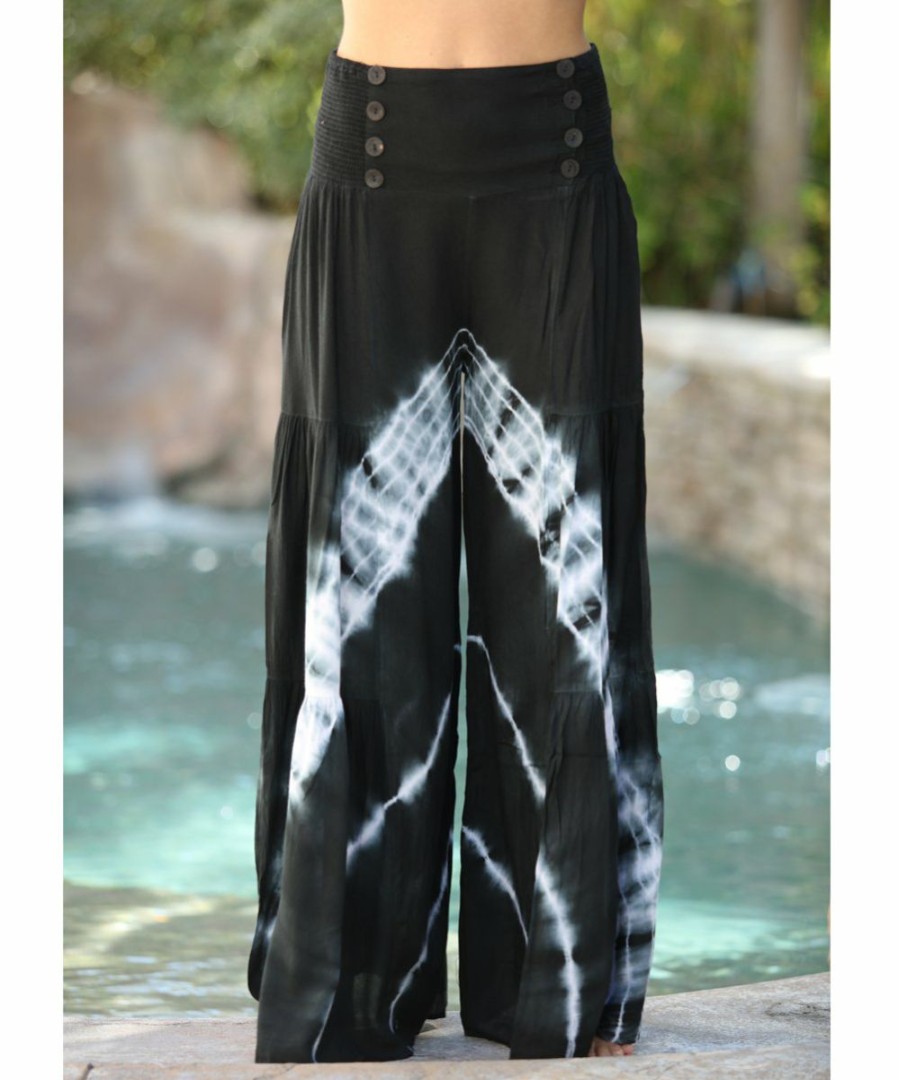 Women * | Ananda'S Collection | Black-Green Abstract Button-Accent Wide-Leg Palazzo Pants Women