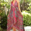 Women * | Ananda'S Collection | Pink & Green Paisley V-Neck Halter Handkerchief Dress Women