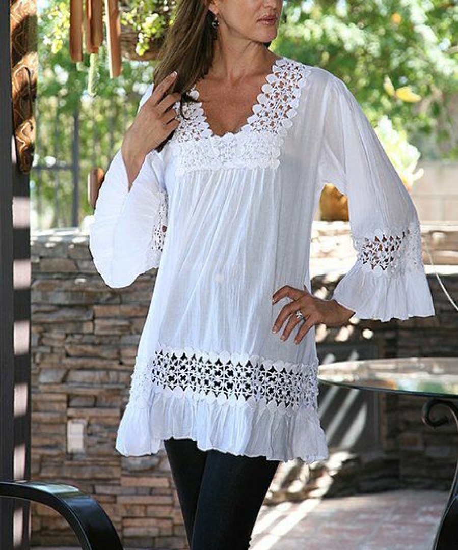 Women * | Ananda'S Collection | White Crochet-Inlay Bell-Sleeve Tunic Women & Plus