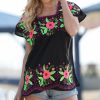 Women * | Ananda'S Collection | Black & Pink Embroidered Floral Square Neck Tunic Women