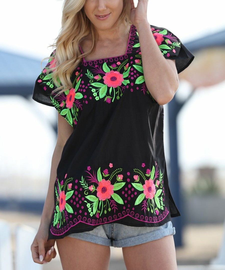 Women * | Ananda'S Collection | Black & Pink Embroidered Floral Square Neck Tunic Women