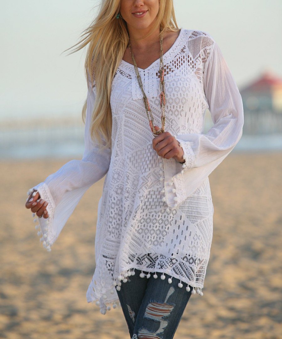 Women * | Ananda'S Collection | White Lace Bell-Sleeve Semi-Sheer Peasant Tunic Women & Plus