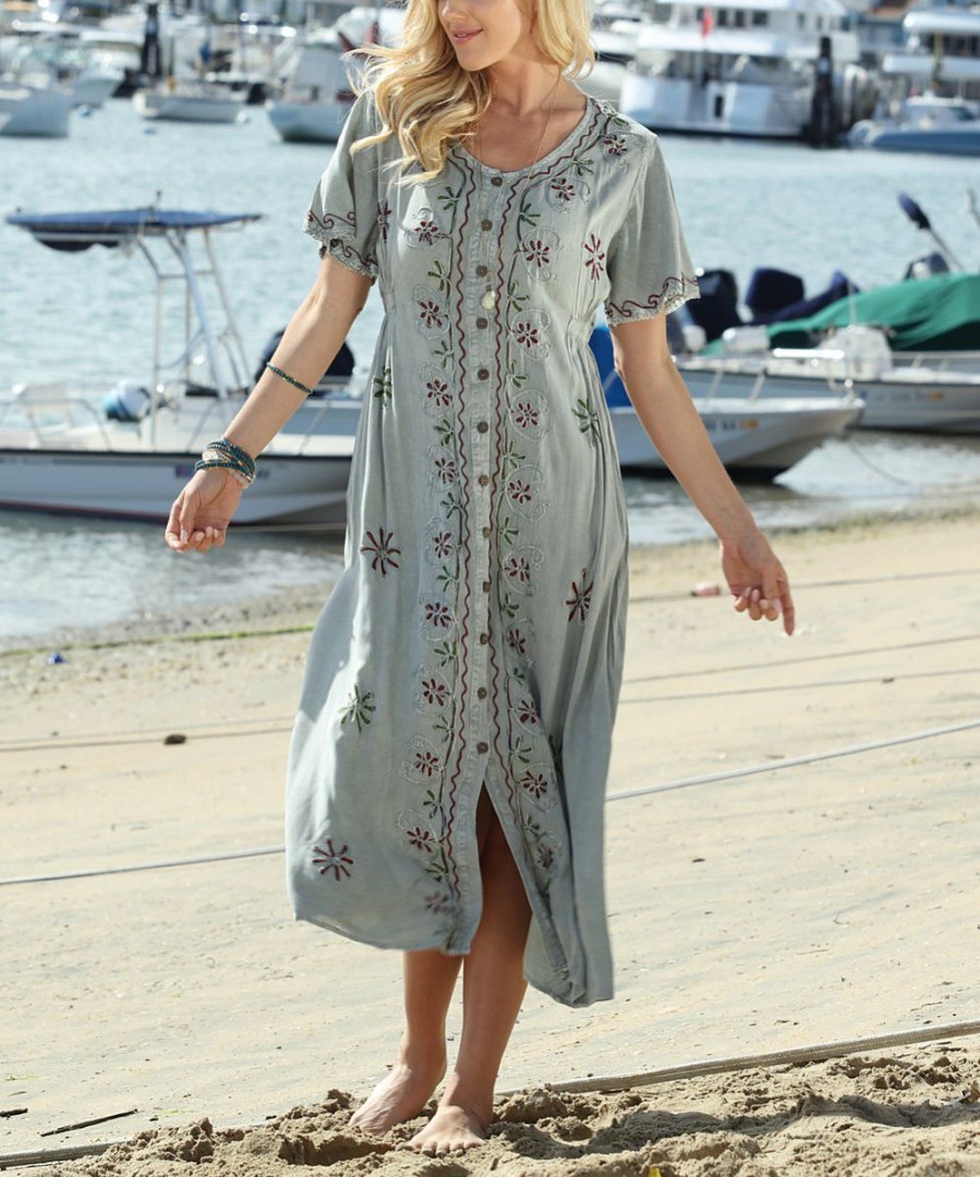 Women * | Ananda'S Collection | Sage Embroidered Button-Up Midi Dress Women