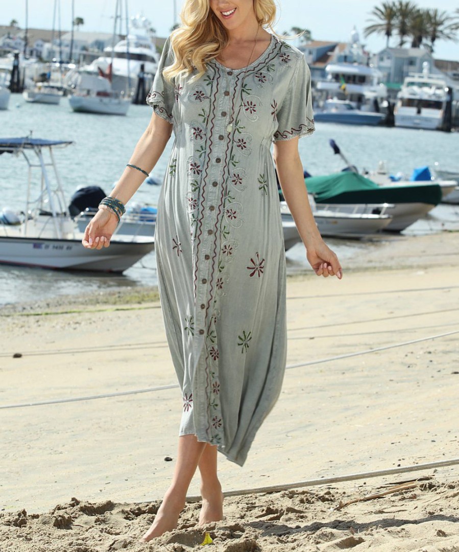 Women * | Ananda'S Collection | Sage Embroidered Button-Up Midi Dress Women