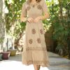 Women * | Ananda'S Collection | Beige Floral Embroidered Smocked A-Line Dress Women