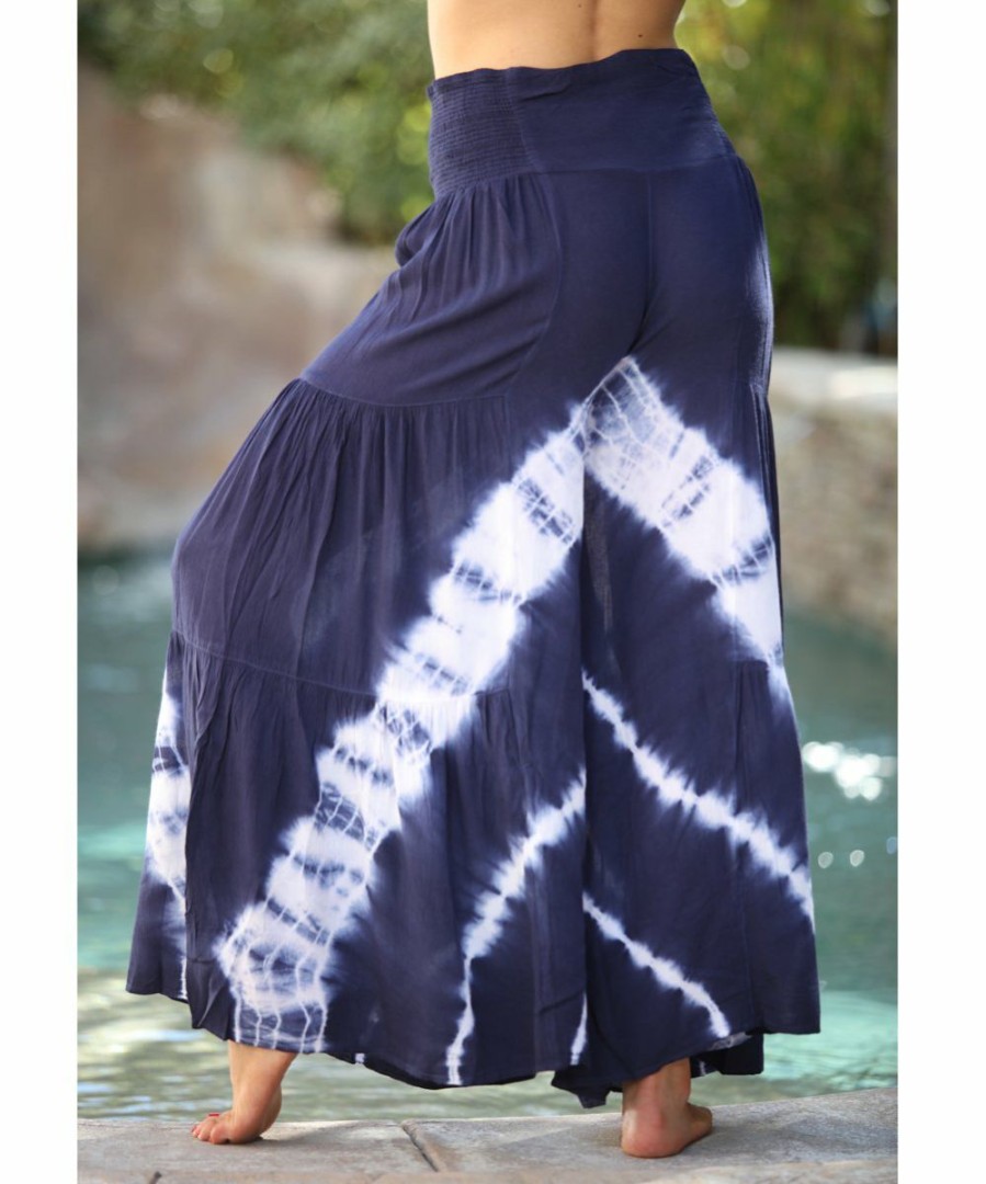 Women * | Ananda'S Collection | Blue & White Abstract Button-Accent Wide-Leg Palazzo Pants Women