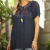 Womens Plus * | Ananda'S Collection | Navy Embroidered Short-Sleeve Tassel Tunic Women & Plus