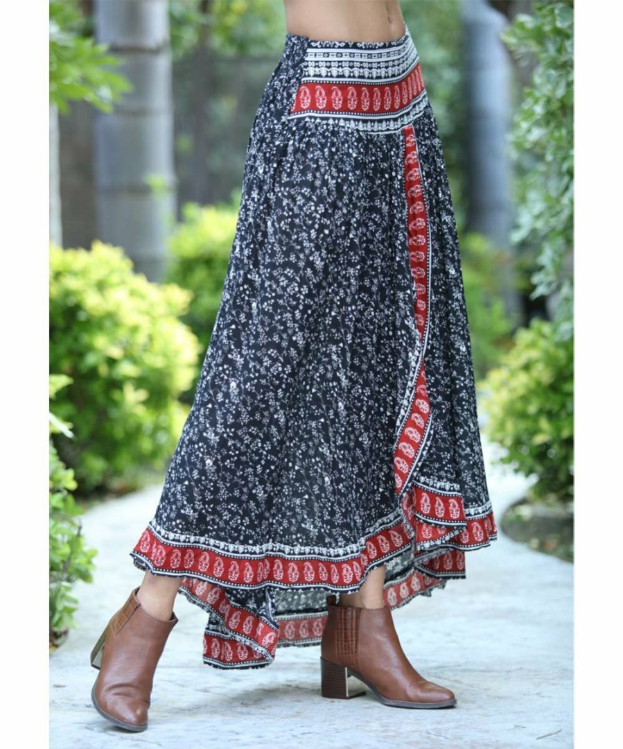 Women * | Ananda'S Collection | Black & Red Paisley Floral Ruffle Maxi Skirt Women