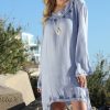 Womens Plus * | Ananda'S Collection | Sky Blue Embroidered Long-Sleeve V-Neck Shift Dress Women & Plus