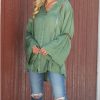 Womens Plus * | Ananda'S Collection | Olive Openwork Bell-Sleeve Button-Up Top Women