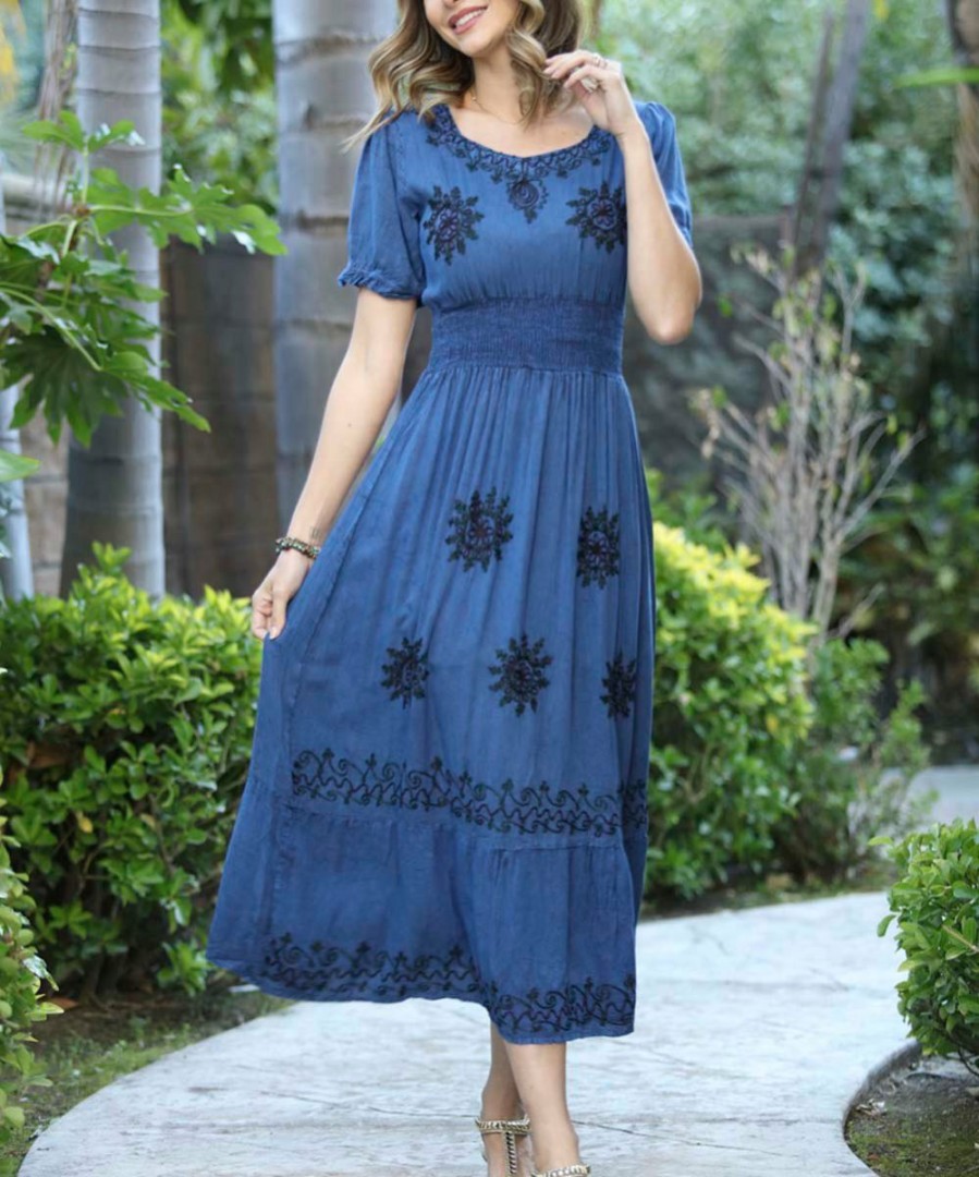 Women * | Ananda'S Collection | Denim Floral Embroidered Smocked A-Line Dress Women