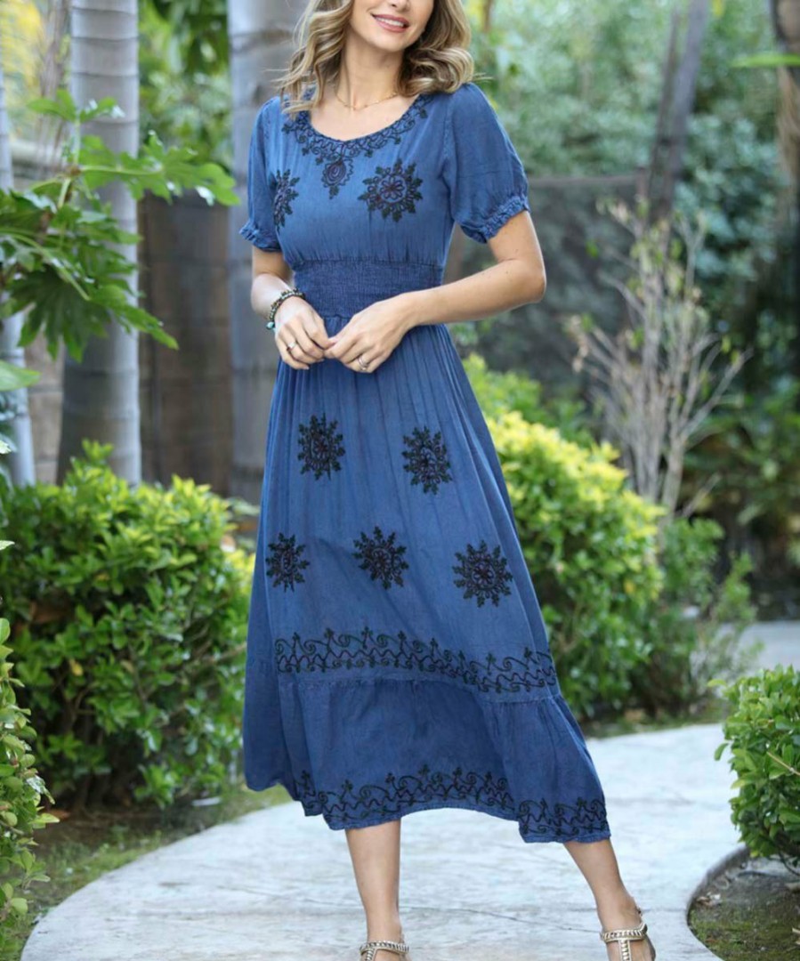 Women * | Ananda'S Collection | Denim Floral Embroidered Smocked A-Line Dress Women