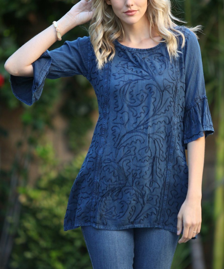 Women * | Ananda'S Collection | Denim Embroidered Three-Quarter Sleeve Tunic Women