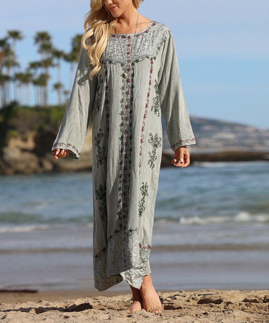 Women * | Ananda'S Collection | Sage Geometric Embroidered Maxi Shift Dress Women