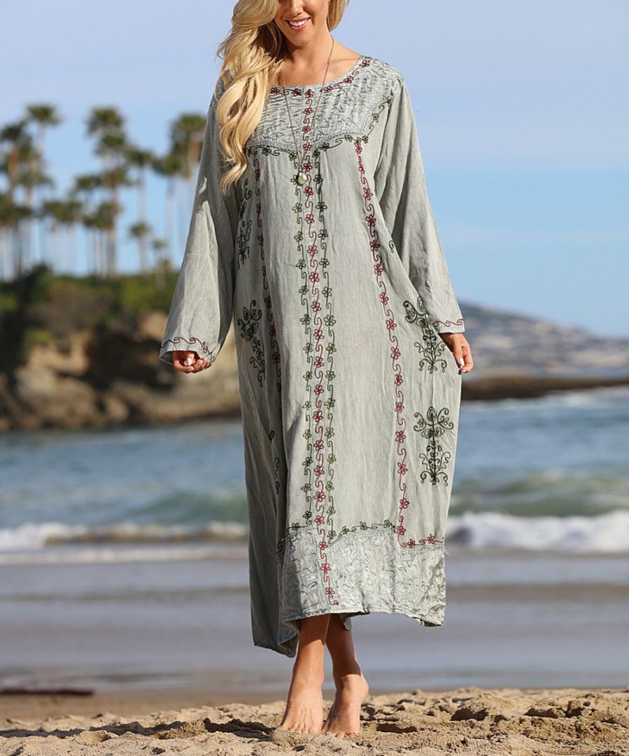 Women * | Ananda'S Collection | Sage Geometric Embroidered Maxi Shift Dress Women